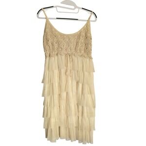 Boho Crochet Lace Tulle Tiered Mini Dress Cream Festival Cottagecore Fairycore